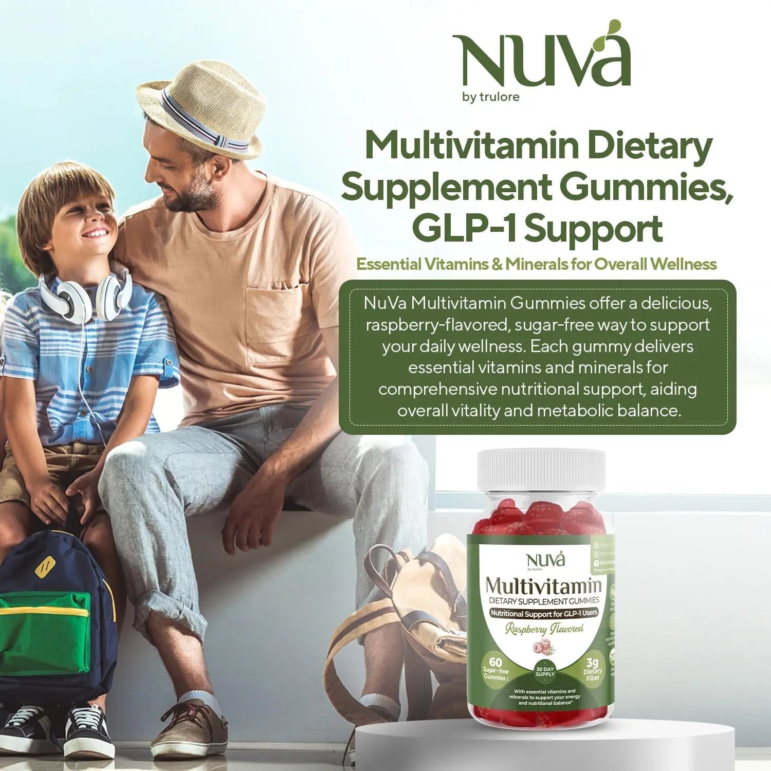 NuVa GLP-1 Support Multivitamin Gummies for Men & Women: Raspberry, Sugar-Free, 3g Fiber for Digestion & Gut Health NuVa