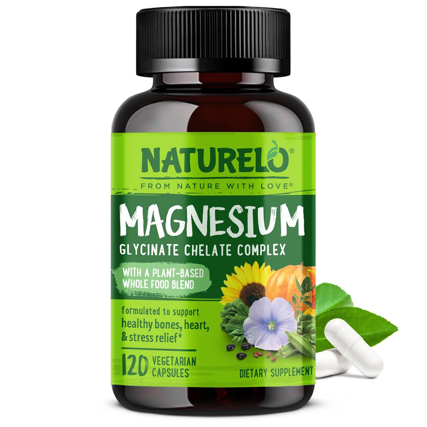 NATURELO Magnesium Glycinate Chelate Complex - 200 mg Magnesium with Organic Vegetables to Support Sleep, Calm, Muscle Cramp & Stress Relief