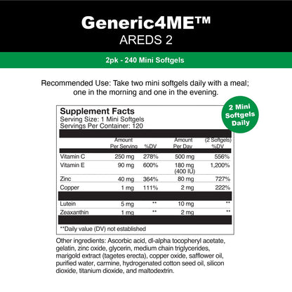 GENERIC4ME AREDS 2 SoftGels, 500 mg Vitamin C, 400 IU Vitamin E, 10 mg Lutein, 2 mg Zeaxanthin, 80 mg Zinc, 2 mg Copper - Supports Eye Health - 120 Mini SoftGels (Two Month Supply) Generic4MEBuy Supplements Australia