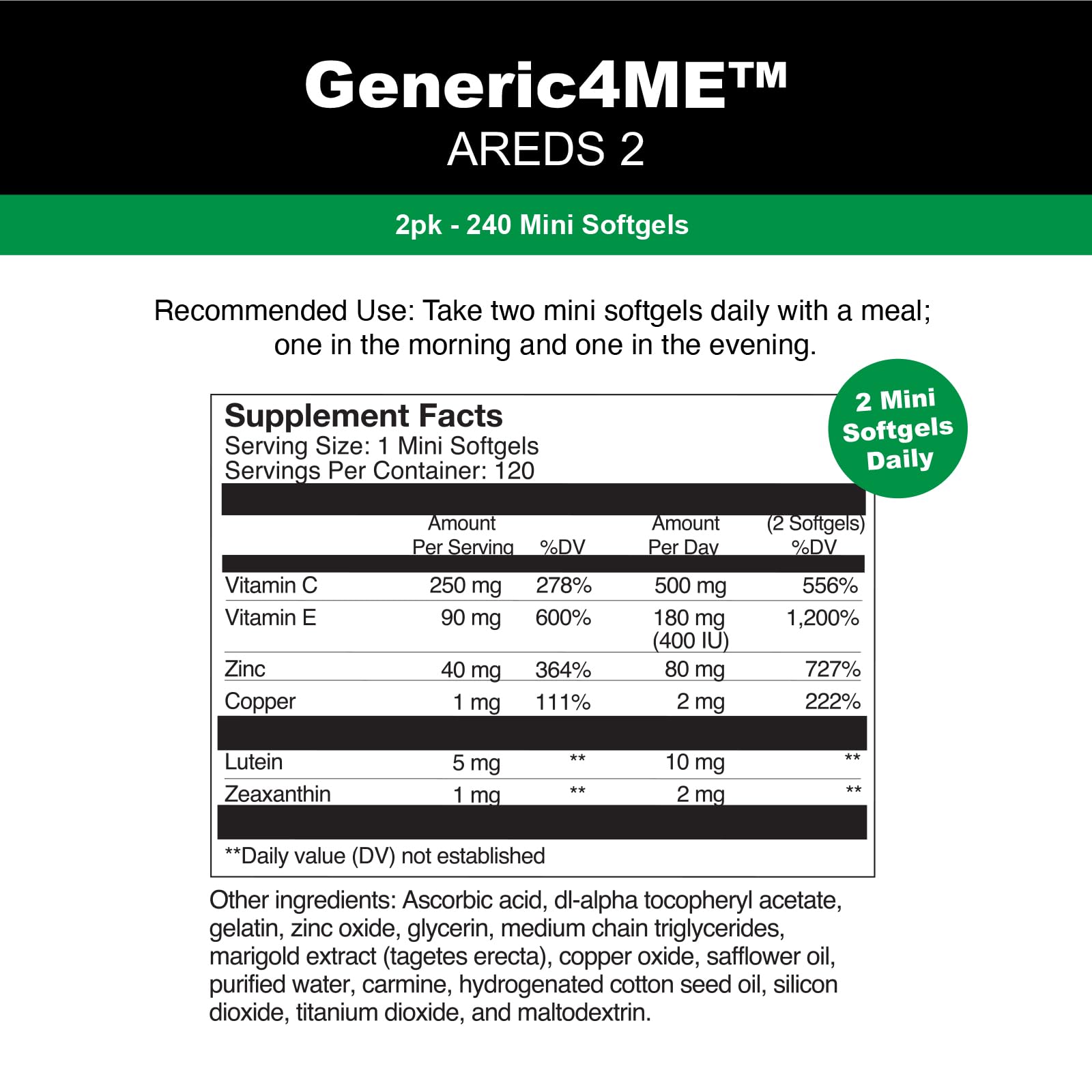 Generic4ME AREDS 2 SoftGels, 500 mg Vitamin C, 400 IU Vitamin E, 10 mg Lutein, 2 mg Zeaxanthin, 80 mg Zinc, 2 mg Copper - Supports Eye Health - 240 Mini SoftGels (Four Month Supply) Generic4MEBuy Supplements Australia