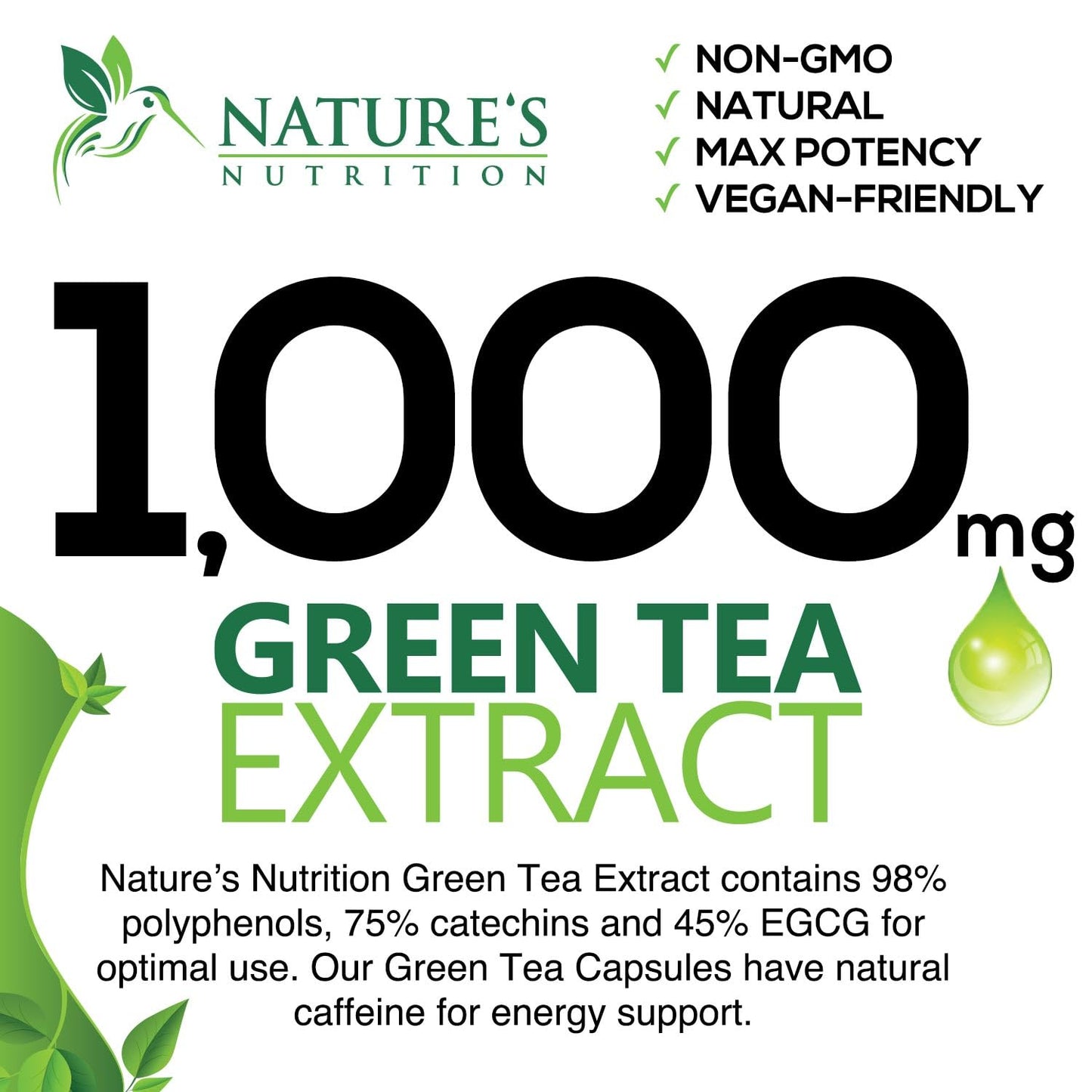 Green Tea Extract Capsules 1000mg 98% Standardized EGCG - 3X Strength for Natural Nature's NutritionBuy Supplements Australia