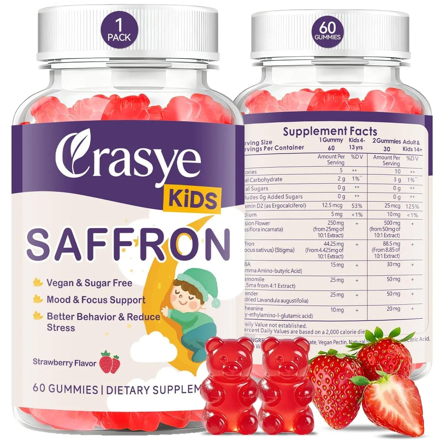 Crasye Saffron Gummies for Kids 100% Pure Organic Saffron Extract Sugar Free Saffron Supplements Gummy for Children Calm Mood & Focus - 60 Gummies Crasye