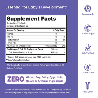 Prenatal DHA for Women 600mg + 400 IU Vitamin D3 | 120 Softgels | Supports Brain Health | Triglyceride Omega 3 Fish Oil DHA Prenatal Vitamins for Pregnancy & Nursing | 300mg per Capsule Mother's PromiseBuy Supplements Australia