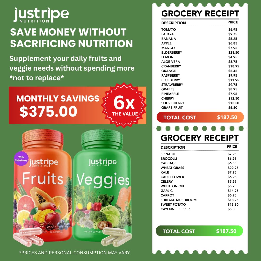 Fruits and Veggies Supplement - 90 Fruit and 90 Vegetable Capsules - 100% Whole Natural Superfood - Filled with Super Greens Vitamins and Minerals - Supports Balance Energy Levels (1 Pack) Just Ripe NutritionBuy Supplements Australia