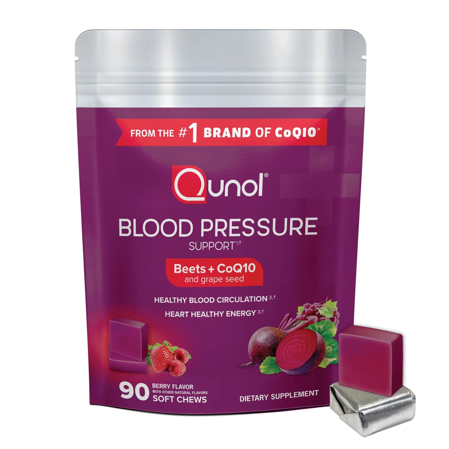 Qunol Beets Chews for Blood Pressure Support, 3 in 1 Beets + CoQ10 + Grape Seed Extract,