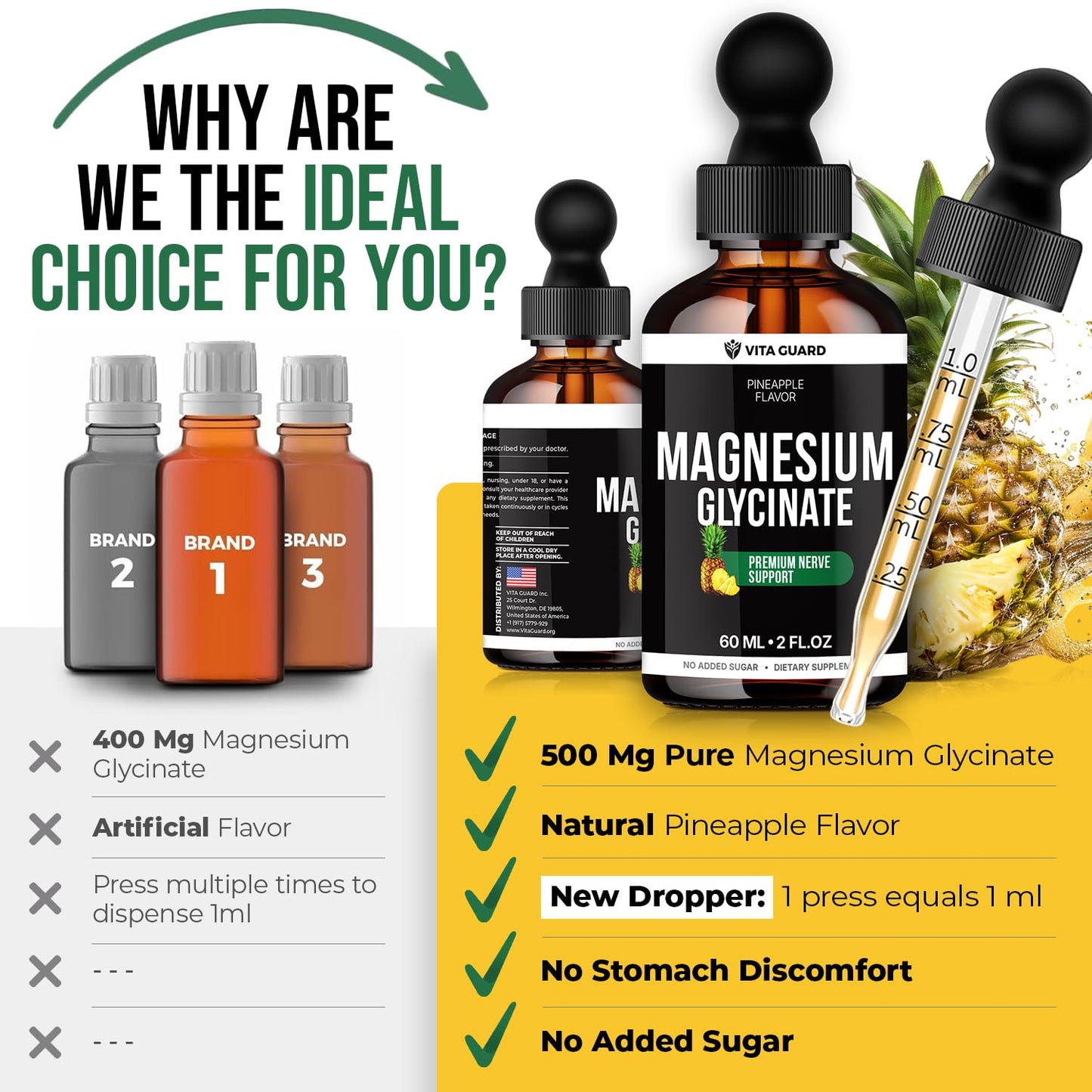 Magnesium Glycinate 500mg Liquid Drops – Sugar-Free Magnesium Supplement, Vegan Formula, 60 mL Flavor Pineapple Vita GuardBuy Supplements Australia