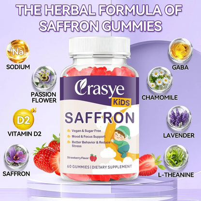 Crasye Saffron Gummies for Kids 100% Pure Organic Saffron Extract Sugar Free Saffron Supplements Gummy for Children Calm Mood & Focus - 60 Gummies Crasye
