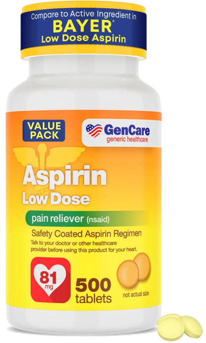 GenCare - Low Dose Aspirin 81mg for Adults Coated (NSAID) 500 Tablets | Adult Low Dose | Enteric Coated Aspirin Pills | Muscle Pain & Menstrual Pain Relief | Fever Reducer | Generic Bayer GenCareBuy Supplements Australia