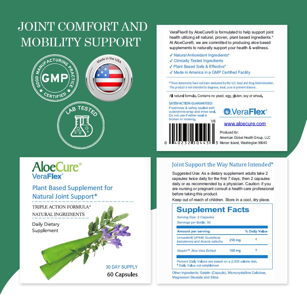 AloeCure VeraFlex Natural Joint Health, 60 Capsules, Clinically Tested Natural Plant-Based Formula to Support Comfort, Mobility and Flexibility - Featuring Organic Aloe Vera AloeCureBuy Supplements Australia