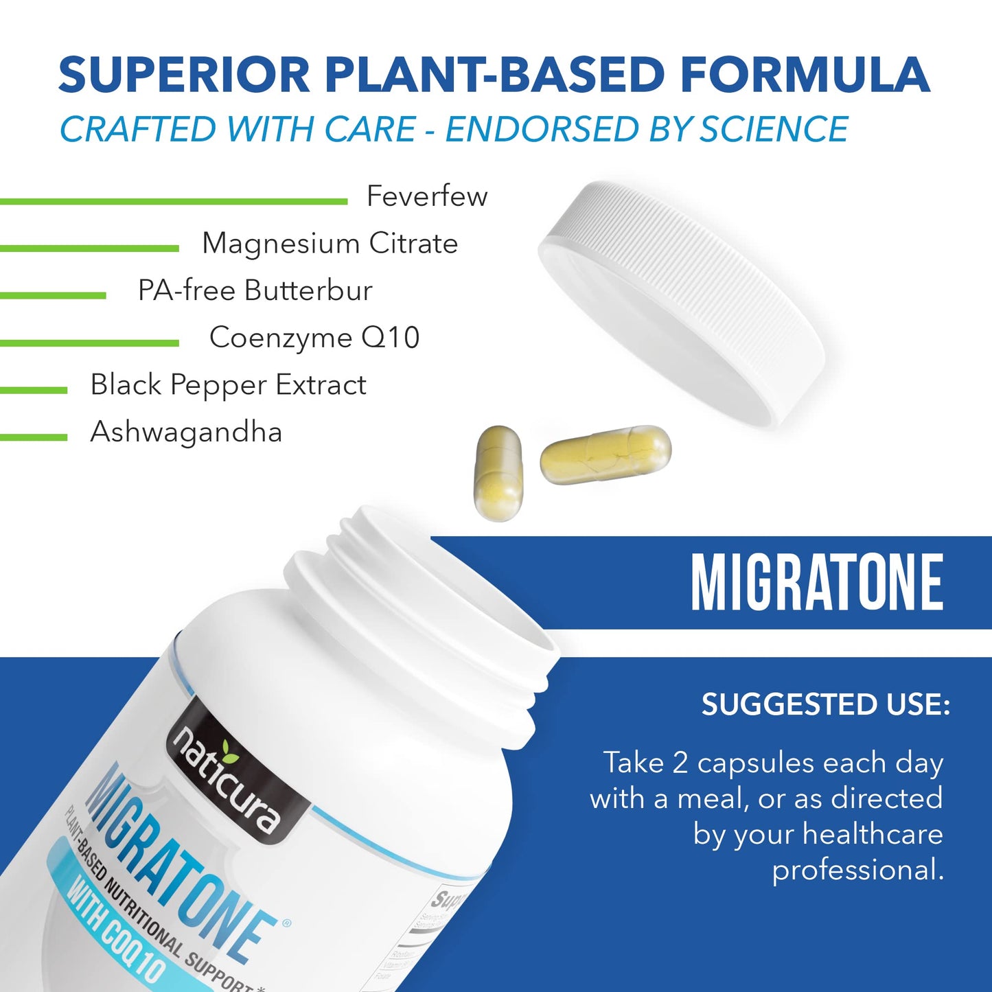Migratone Migraine Relief Nutritional Support Supplement - with Magnesium, Riboflavin Vitamin B2, B6 & B12, Microactive Coq10, Feverfew, PA-Free Butterbur, and Folate - Clinically Preferred Blend NaticuraBuy Supplements Australia