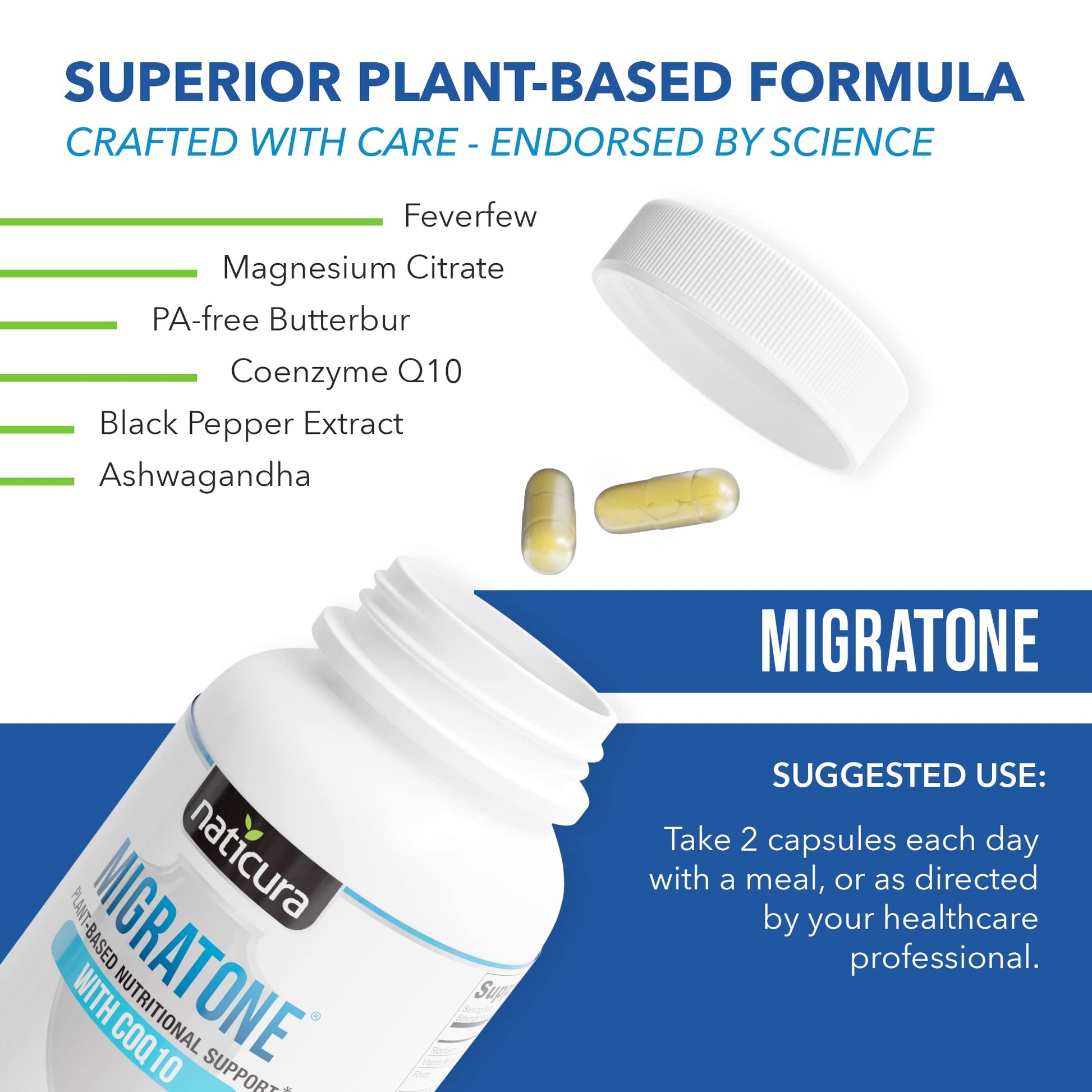 Migratone Migraine Relief Nutritional Support Supplement - with Magnesium, Riboflavin Vitamin B2, B6 & B12, Microactive Coq10, Feverfew, PA-Free Butterbur, and Folate - Clinically Preferred Blend NaticuraBuy Supplements Australia