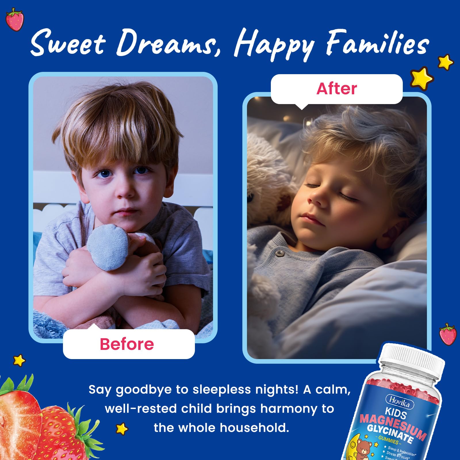 Magnesium Glycinate Gummies for Kids - with L-Theanine, Omega-3, Vitamin B6, D3, Zinc - Kids Magnesium Gummies for Sleep, Relaxation, Calm & Focus - Sugar Free Strawberry 60ct HovikaBuy Supplements Australia