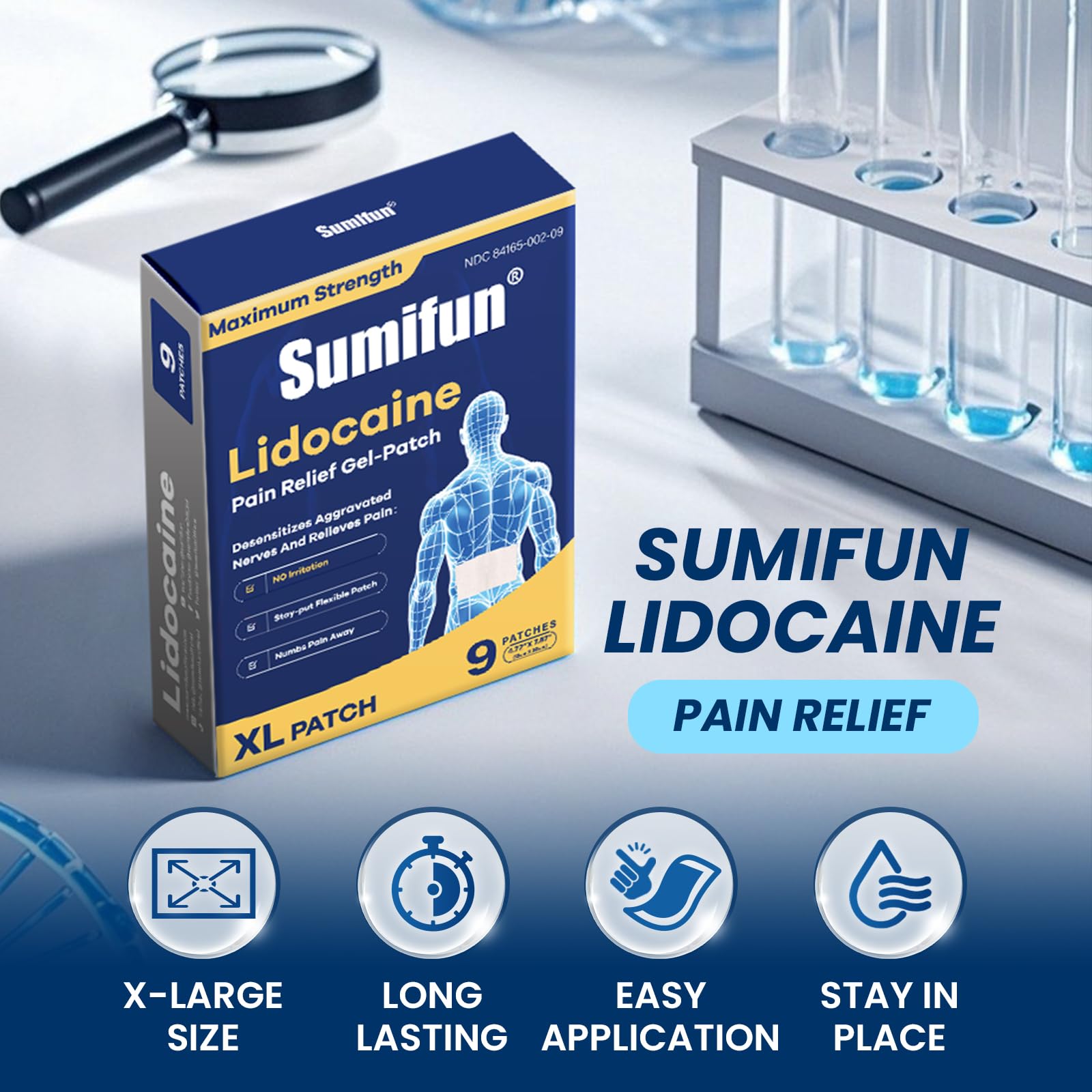 Sumifun 4% Lidocaine XL Pain Patches | Extra Large 4.72"x7.87" for Full Back & Thigh Coverage | Maximum Strength OTC Numbing | 8-Hour Medical Adhesion (X-Large, Count, 9) SumifunBuy Supplements Australia