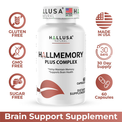 Hallusa Natural Brain Health Supplement Capsules 1680mg, Ginkgo Biloba, B Vitamins & Choline, Memory & Focus Support, Brain Booster for Men & Women, 60 Count Hallusa NaturalBuy Supplements Australia