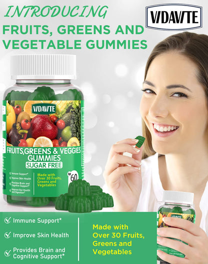 VIDAVITE Sugar-free Super Greens Gummies — US-Made, 35+ Fruit and Veggie gummies to Boost Immunity, Skin & Gut Health — Ideal Fruits and Vegetables Supplement