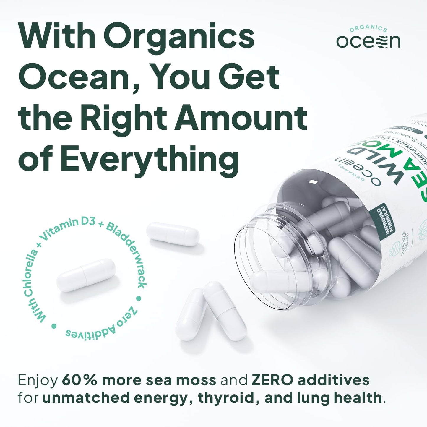 Organics Ocean Wild Sea Moss Capsules - 100% Organic Irish Sea Moss with Organic Chlorella, Bladderwrack and Vitamin D for Energy, Lung Health and Thyroid Support for Women and Men - 60 Capsules Organics OceanBuy Supplements Australia