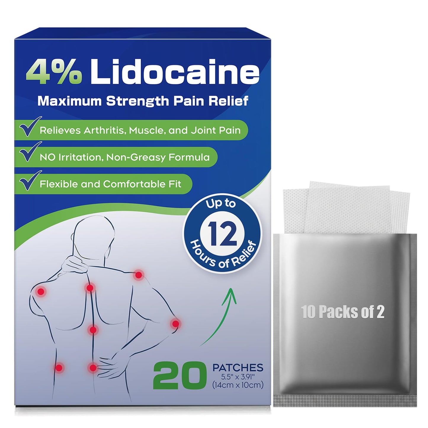 Uposiut 4% Lidocaine Patches - 20 Count Maximum Strength Lidocaine Patches, 10 Packs of 2 Patches for Muscle Pain Relief in The Neck, Shoulders, Back, Knees, and Anks, 12 Hour Pain Relief-012345 UposiutBuy Supplements Australia