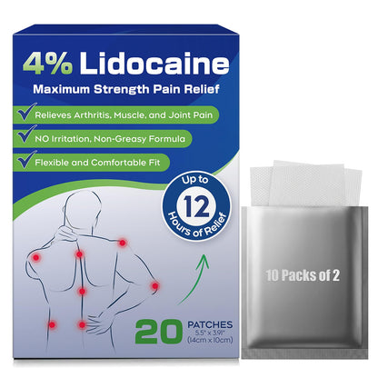 Uposiut 4% Lidocaine Patches - 20 Count Maximum Strength Lidocaine Patches, 10 Packs of 2 Patches for Muscle Pain Relief in The Neck, Shoulders, Back, Knees, and Anks, 12 Hour Pain Relief-012345 UposiutBuy Supplements Australia