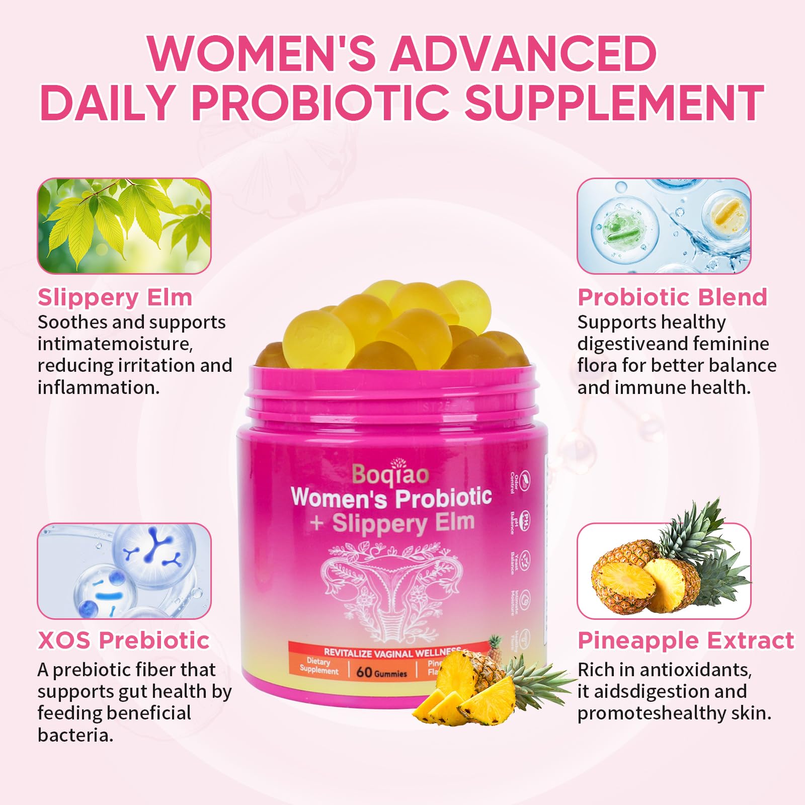 Feminine Probiotics Gummies with Slippery Elm - 60 Pineapple Gummies for Women ph Balance, Vaginal Probiotics Supports Flora, Gut Health & Immune System, Prebiotics & Lactobacillus Blend (Pineapple) BoqiaoBuy Supplements Australia