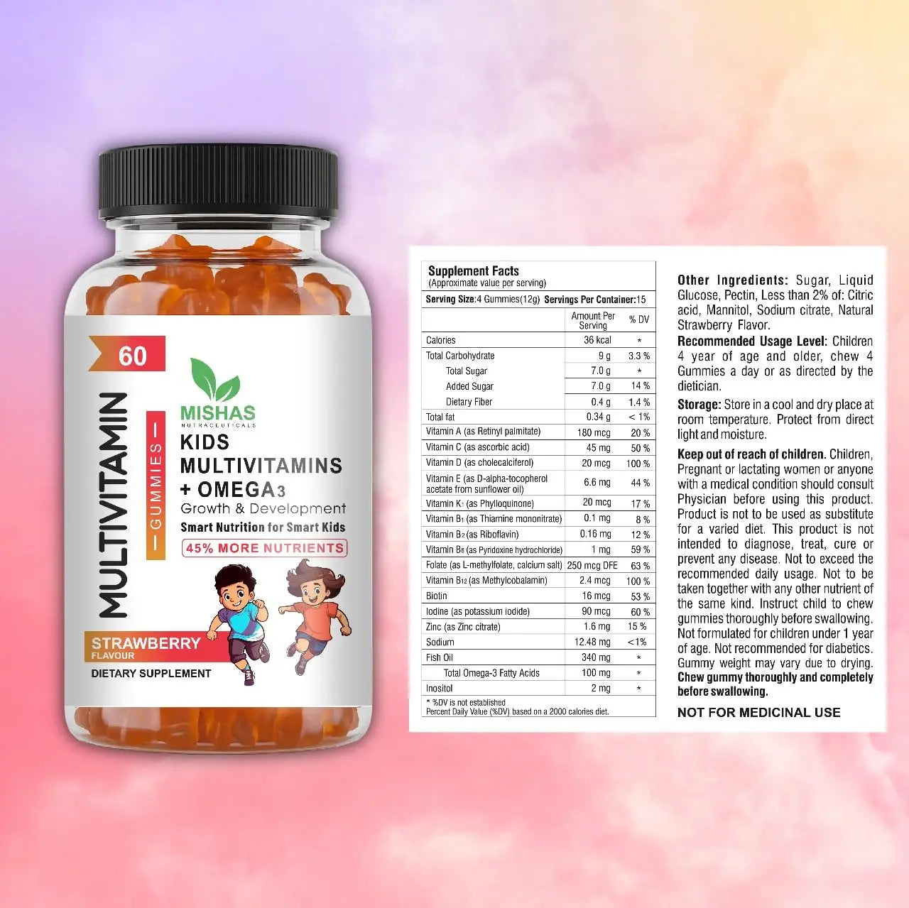 Mishas Nutraceuticals Kids Multivitamin Gummies with Omega 3 Fish Oil (EPA/DHA), Vitamin D3, C, B12, B6, Vitamin A, K & Zinc Immune Support MishasBuy Supplements Australia