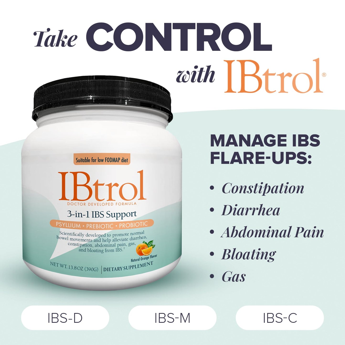 IBtrol® 3–in–1 IBS Gut Health Supplement with Psyllium, Prebiotic and Probiotics, Manages IBS Symptoms, Gas, Bloating, Diarrhea, Constipation, Abdominal Pain 60 Servings (Natural Orange Flavor) MedtritionBuy Supplements Australia