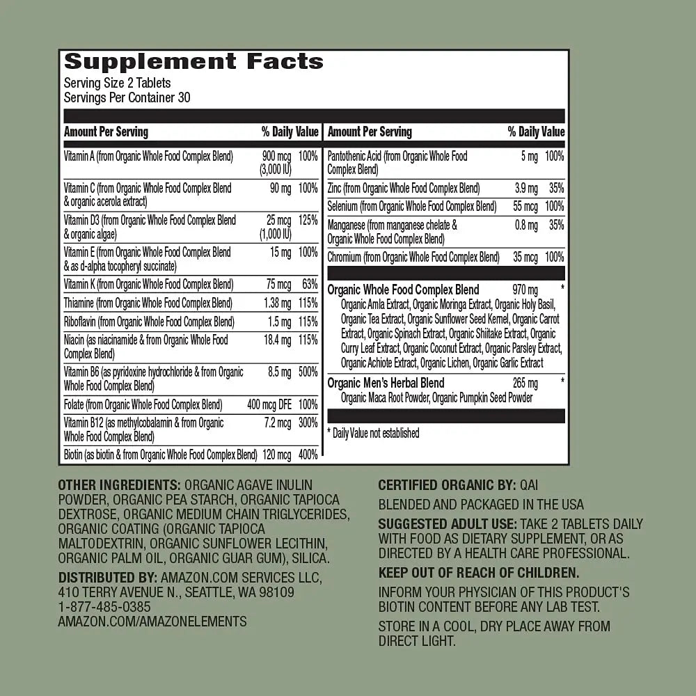 Amazon Elements Organic Whole Food Men's Multi, 60 tablets Amazon ElementsBuy Supplements Australia