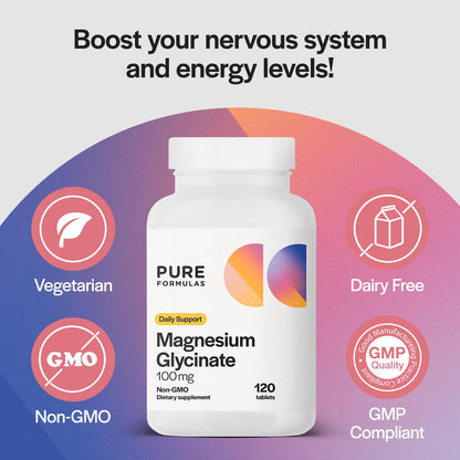 PureFormulas Magnesium Glycinate 100 mg Daily Support for Stress, Nerves, Sleep, Muscles, Metabolism Pure Magnesium Glycinate Supplement for Women and Men Magnesio Non-GMO 120 Tablets PureFormulasBuy Supplements Australia