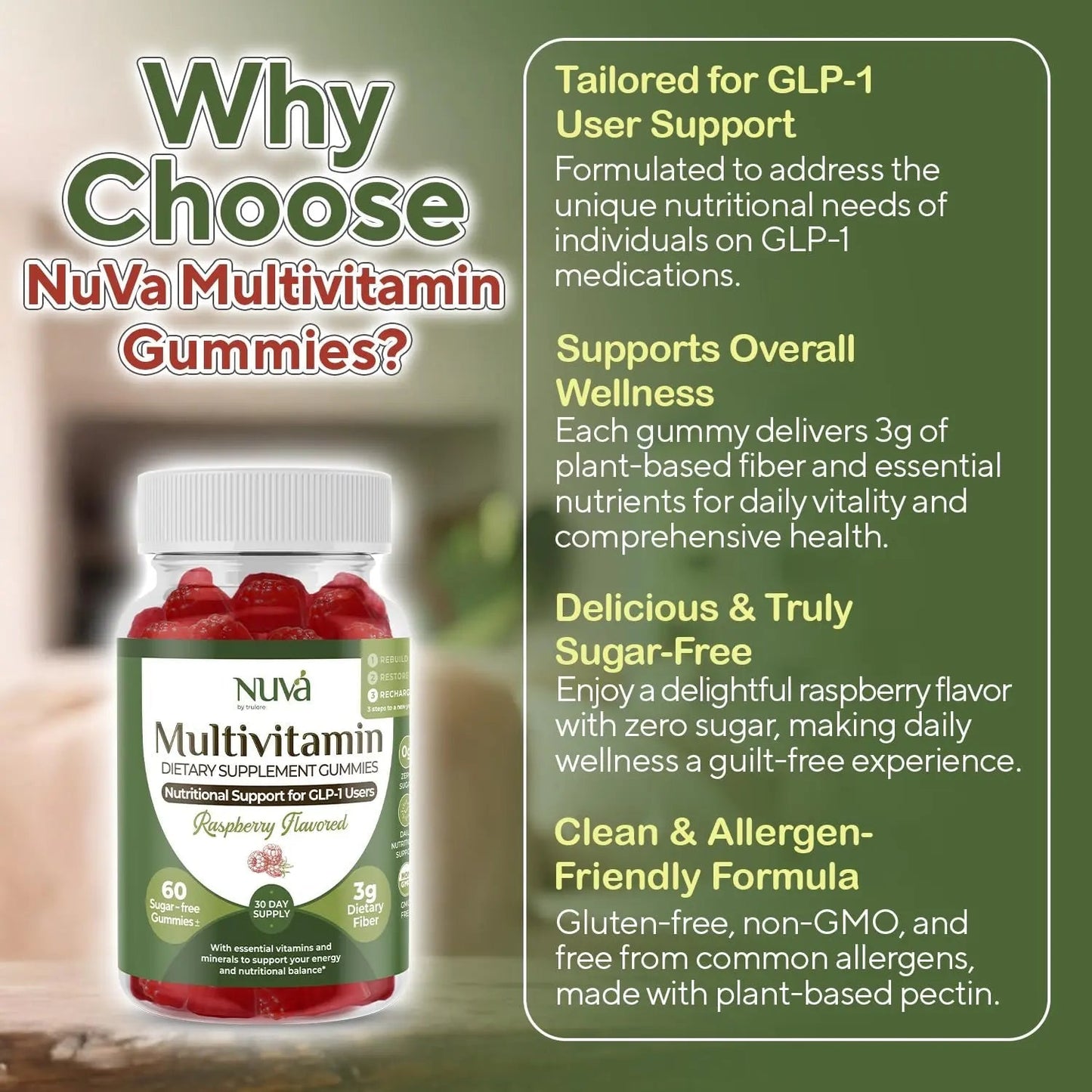 NuVa GLP-1 Support Multivitamin Gummies for Men & Women: Raspberry, Sugar-Free, 3g Fiber for Digestion & Gut Health NuVa