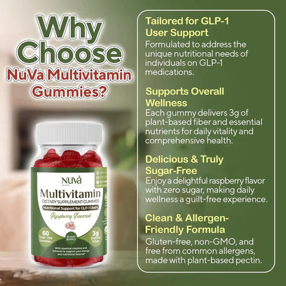 NuVa GLP-1 Support Multivitamin Gummies for Men & Women: Raspberry, Sugar-Free, 3g Fiber for Digestion & Gut Health NuVa