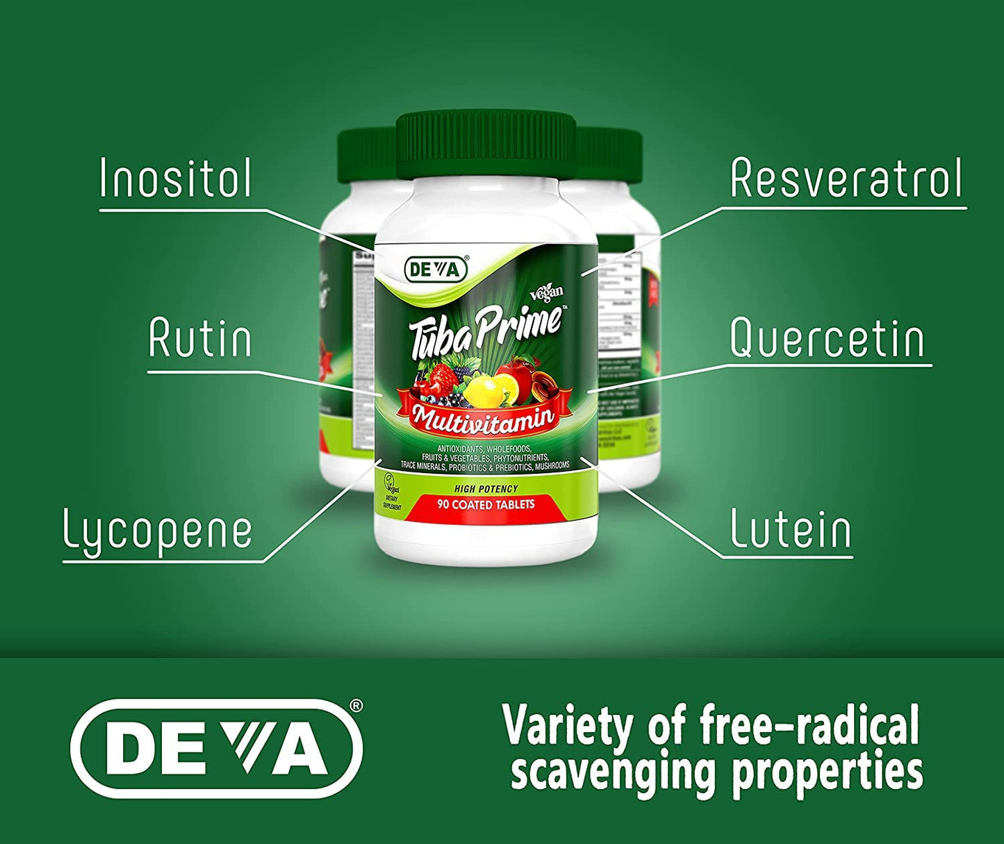 DEVA Tuba Prime Vegan Multivitamin Iron-Free High-Potency Vitamin & Mineral Dietary Supplement Antioxidants, Fruit & Veg Blend, Super Mushrooms, Probiotics, Prebiotics, Seeds, Herbs 90 Tabs 2-Pack DEVABuy Supplements Australia