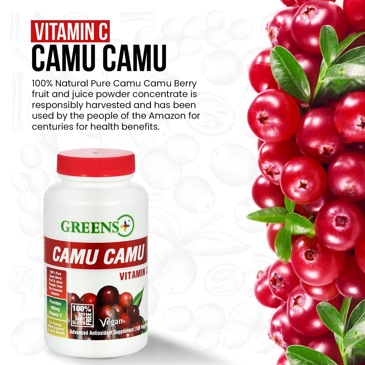 Greens+ Organic Reds Superfood Powder Camu Camu Dietary 400mg Vitamin C SuperFruit Supplement 120 Capsules, 100% Natural, Vitamins & Minerals, Vegan, Soy/Dairy/Gluten Free Greens+Buy Supplements Australia