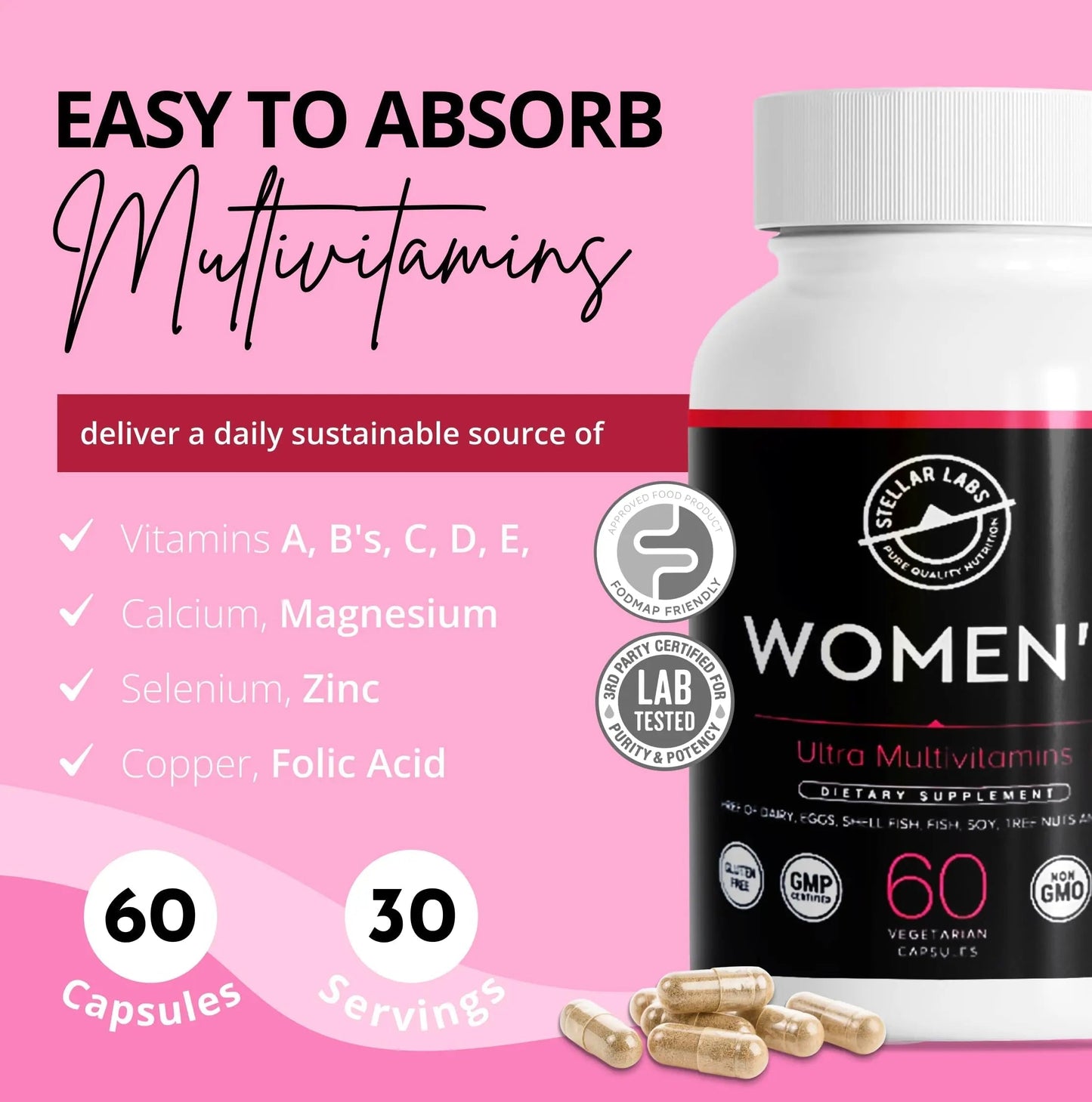 Stellar Labs Low FODMAP Vegan Women's Ultra Multi-Vitamin | Easy to Digest Daily Multivitamin Without Iron | Low Energy Supplement, Female Support | Stellar Labs