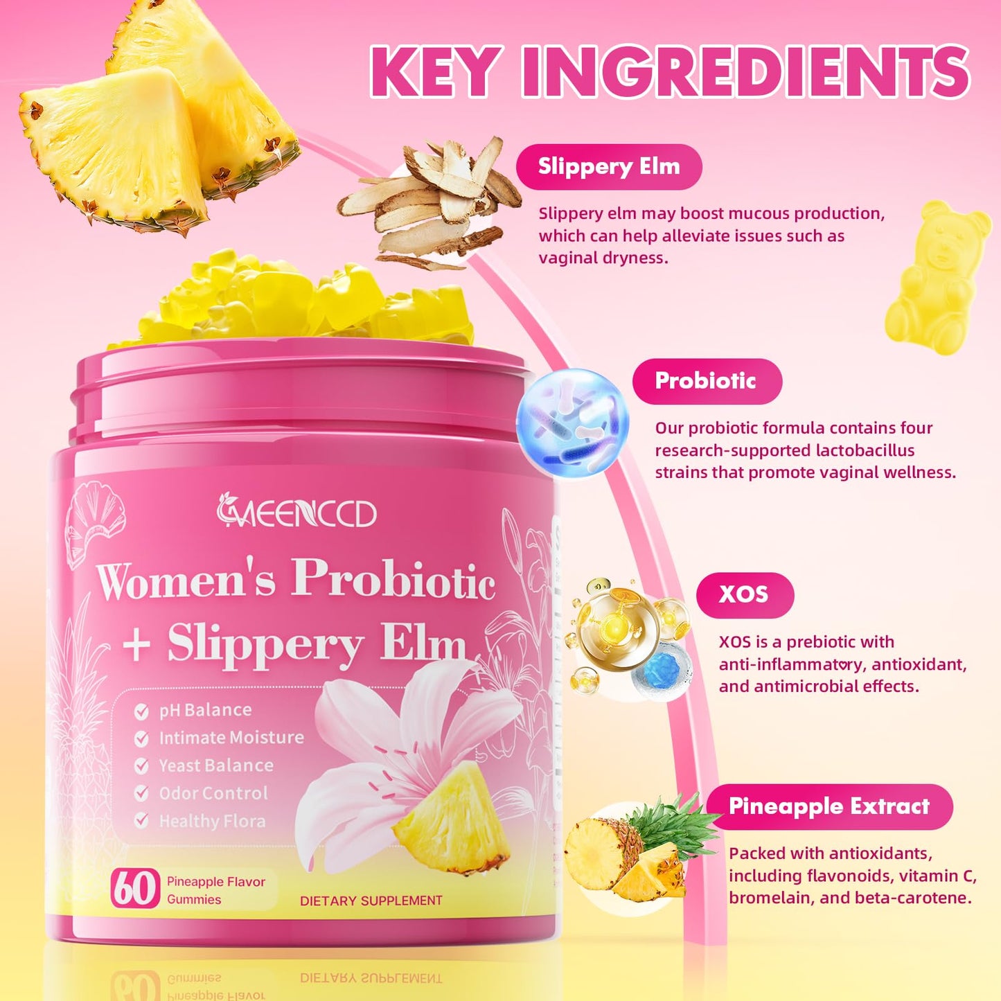 MEENCCD Her Juicy Feminine Probiotics Gummies with Slippery Elm & Lactobacillus Blend, Supports pH Balance & Immune Function, Promotes Vaginal Wellness, Pineapple Flavor, 60 Count MEENCCDBuy Supplements Australia