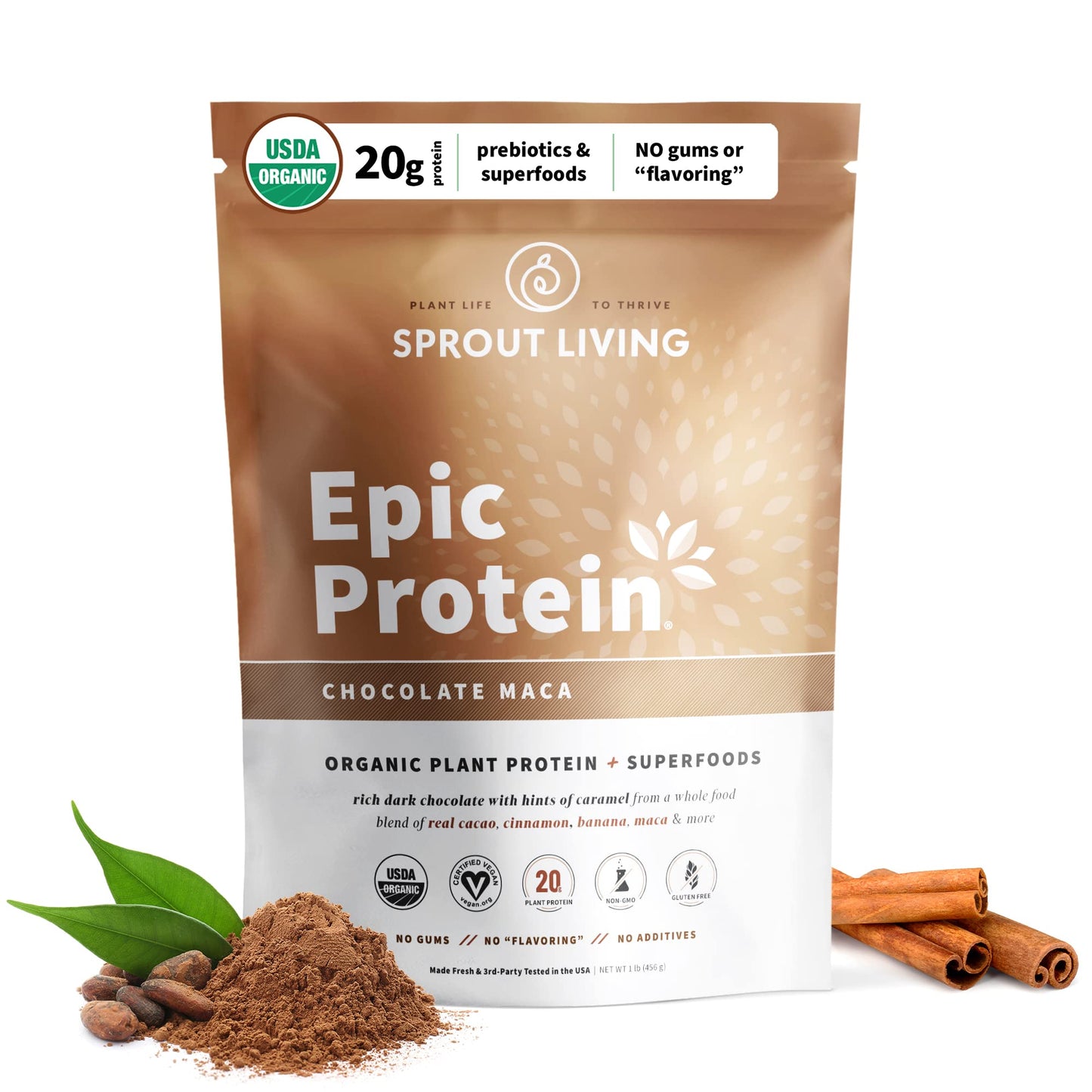 Sprout Living Epic Protein, Plant Based Protein & Superfoods Powder, Chocolate Maca Powder | 20 Grams Organic Protein Powder, Vegan, Non Dairy, Non-GMO, Gluten Free