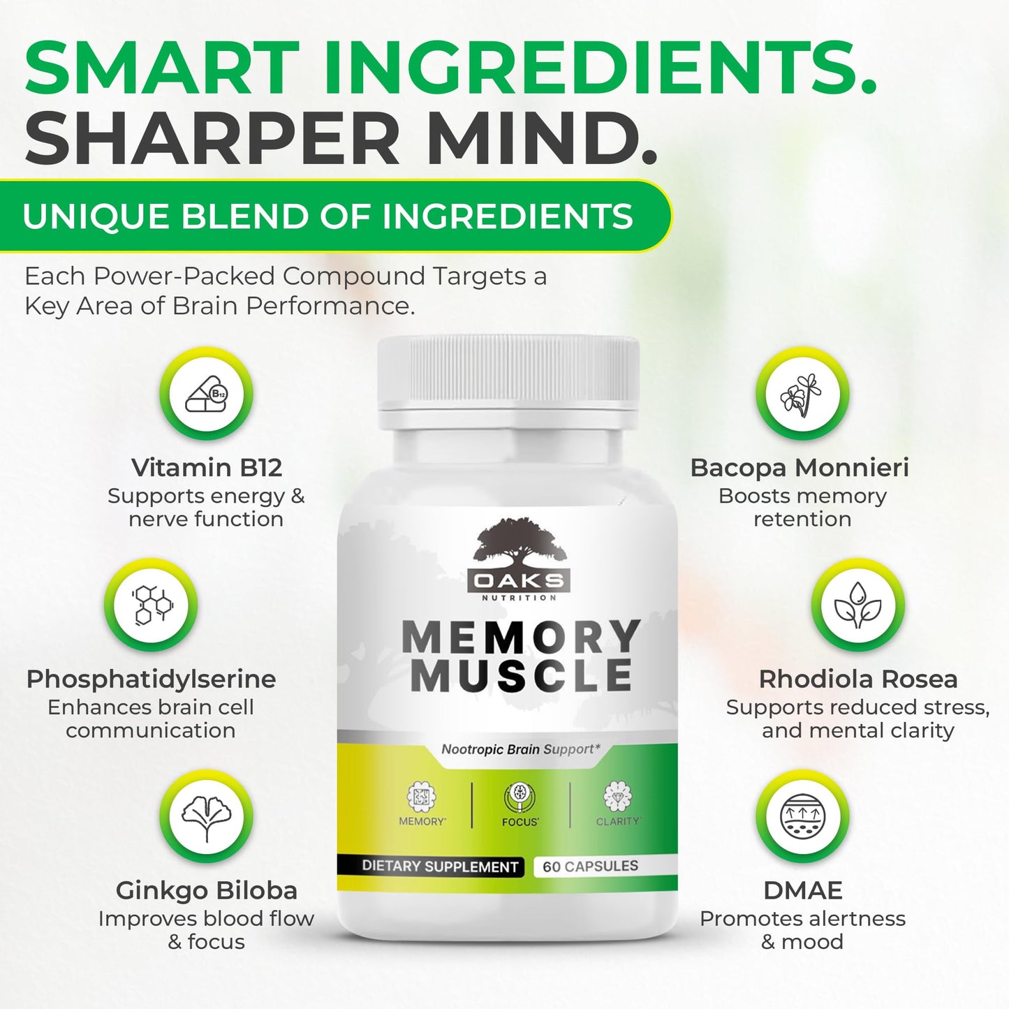Memory Muscle – Advanced Nootropic Brain Supplement with Vitamin B12, Bacopa Monnieri & DMAE for Focus, Memory, Mental Clarity & Clean Energy – Premium Cognitive Support Formula Oaks NutritionBuy Supplements Australia