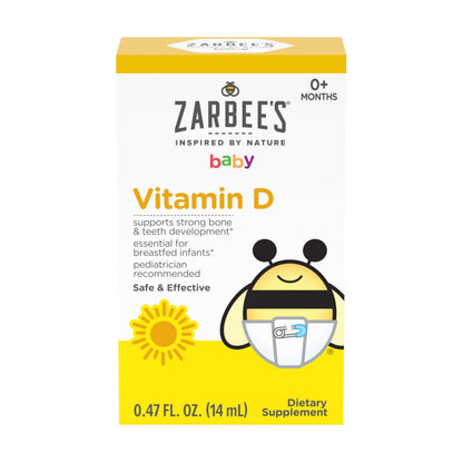 Zarbee's Vitamin D Drops for Infants, 400IU (10mcg) Baby & Toddler Liquid Supplement, Newborn & Up, Dropper Syringe Included, 0.47 Fl Oz
