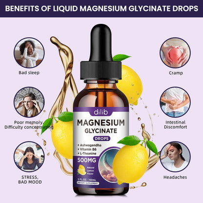 Magnesium Glycinate Supplement, Magnesium Liquid Drops with Magnesium Glycinate 500mg Vitamin B6, Ashwagandha, L - Theanine, Chamomile