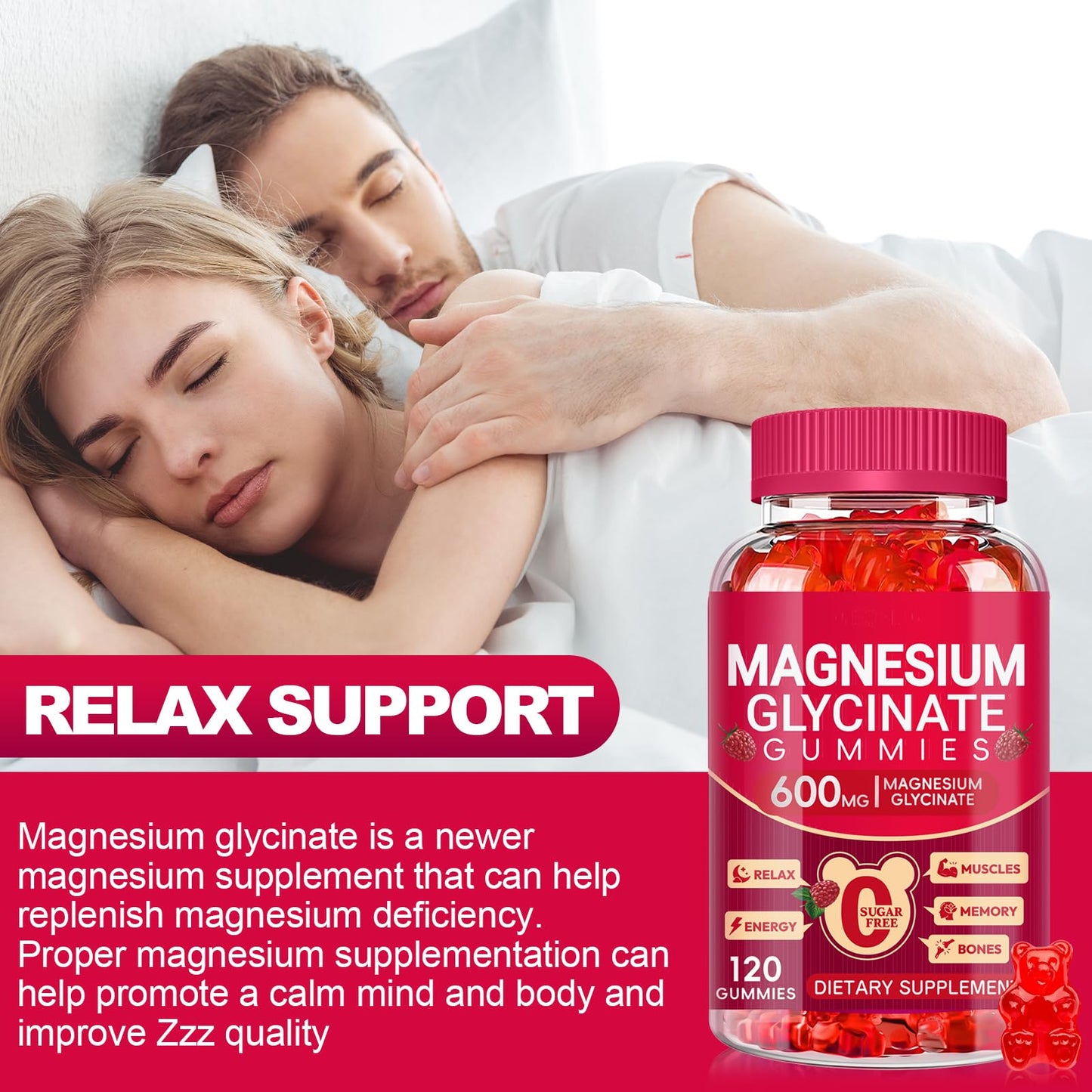 Magnesium Glycinate Gummies 600mg, Sugar Free Magnesium Gummies for Adults, Chewable Potassium Supplements for Body Support