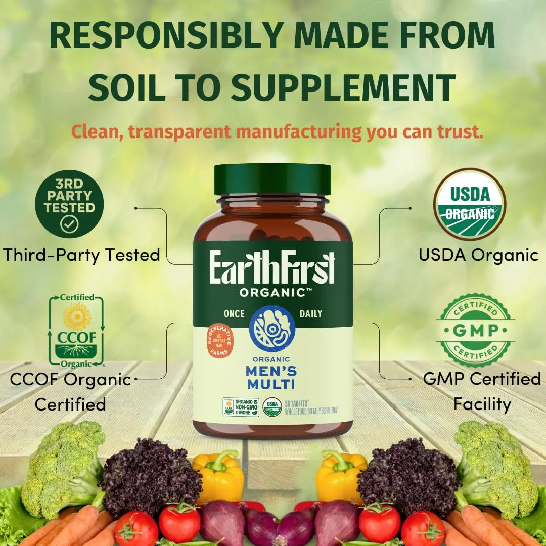 EarthFirst Organic Men’s Multi Once Daily, Whole-Food Multivitamin with 19 Vitamins & Minerals for Energy, Heart, Bone Strength EarthFirst OrganicBuy Supplements Australia