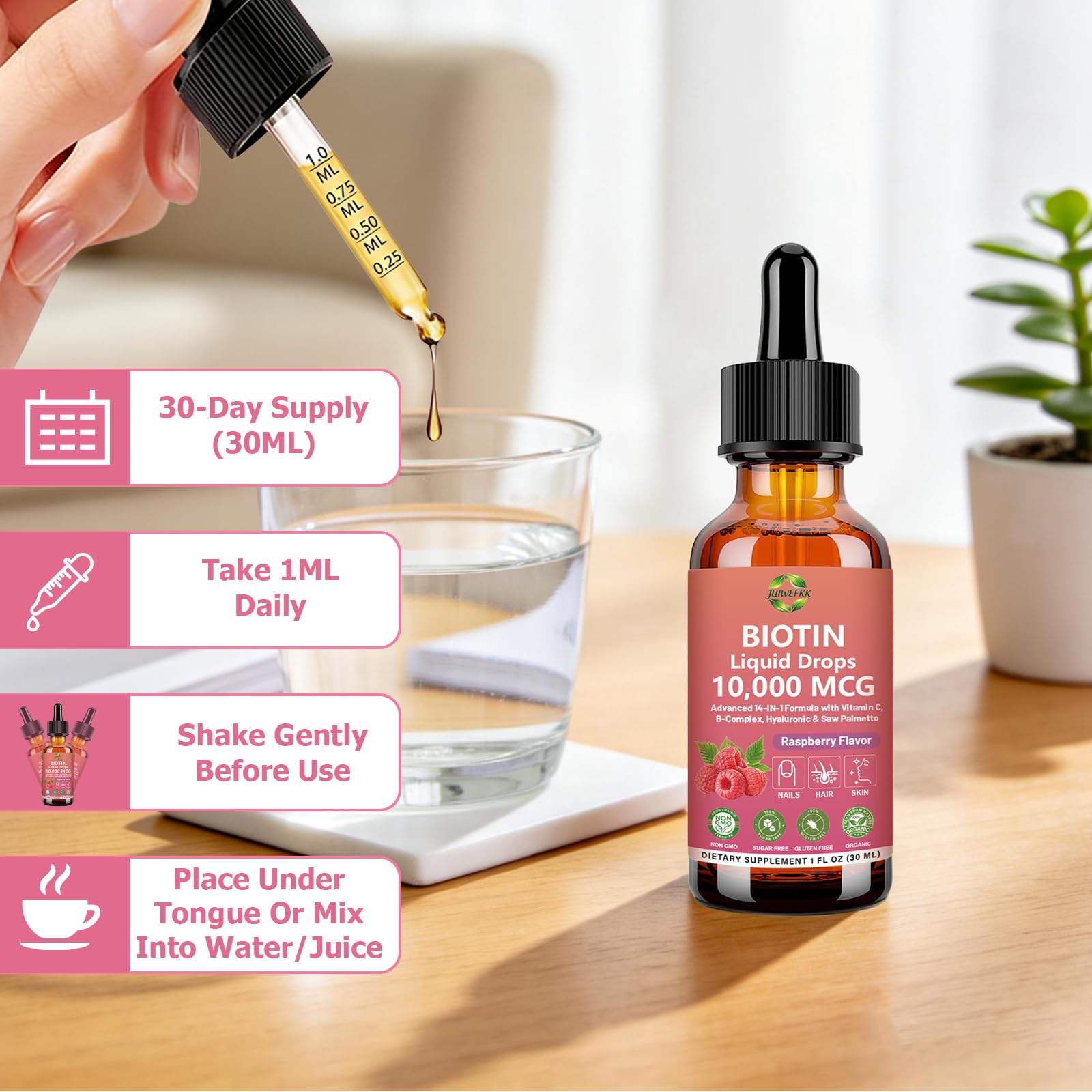 Pure Biotin 10000mcg Liquid Drop Optimal Solutions Hair Skin & Nails Vitamins Support w. Collagen Keratin Hyaluronic Acid Saw Palmetto, Biotin(Vitamin B7) for Hair Growth & Cellular Energy JUIWEFKKBuy Supplements Australia