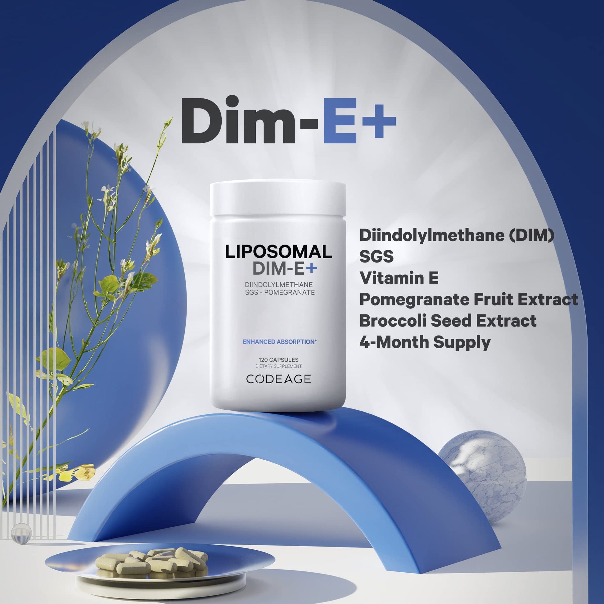 Codeage Liposomal DIM Supplement - 4 Months Supply of DIM Vitamins and SGS, Pomegranate, Broccoli, Vitamin E Isomers Tocopherols Alpha Beta Gamma Delta - Liposomal Formula - Gluten-Free - 120 Capsules CodeageBuy Supplements Australia