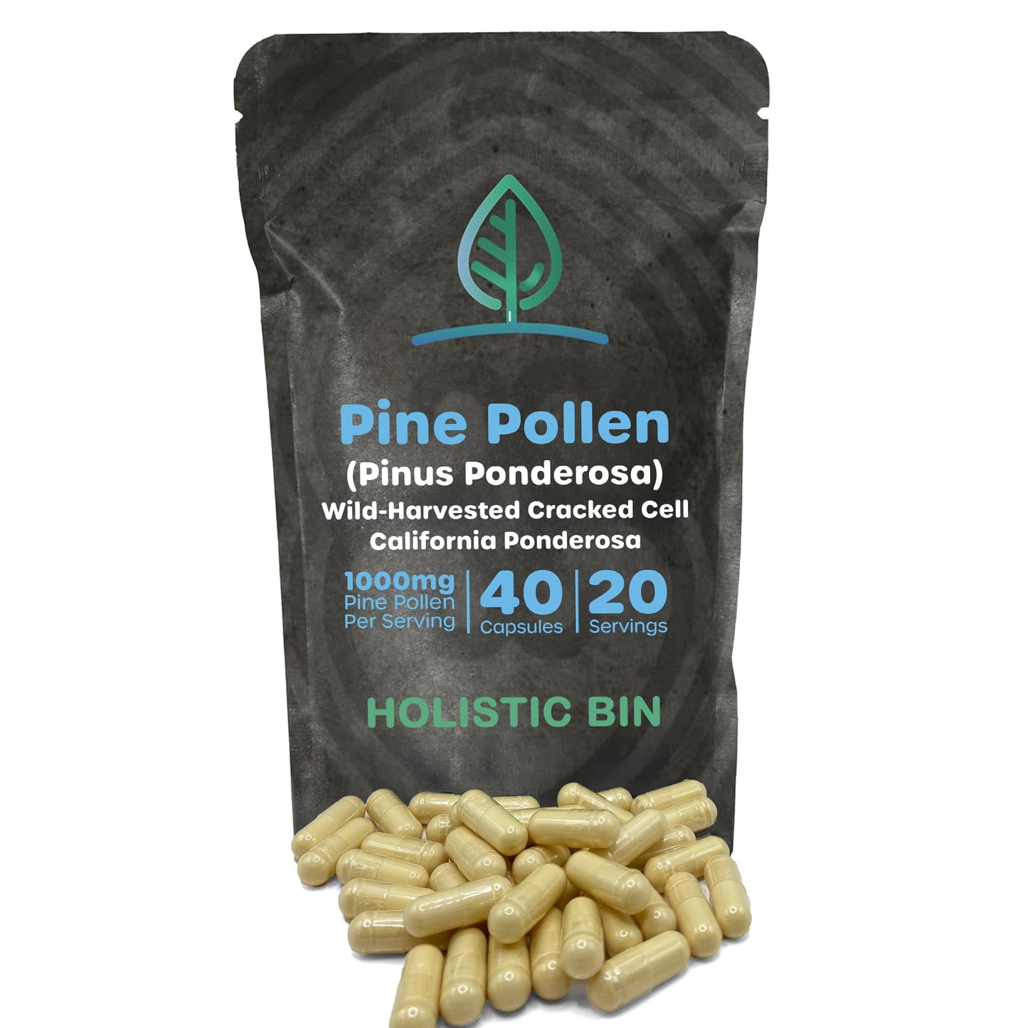 Holistic Bin Pine Pollen Capsules 500mg (Pinus Ponderosa) - Wild Harvested California Ponderosa Pine Pollen Powder - Olympic Grade - Organic, Non-GMO, No Fillers - 30 Day Supply (40 Capsules) Holistic BinBuy Supplements Australia