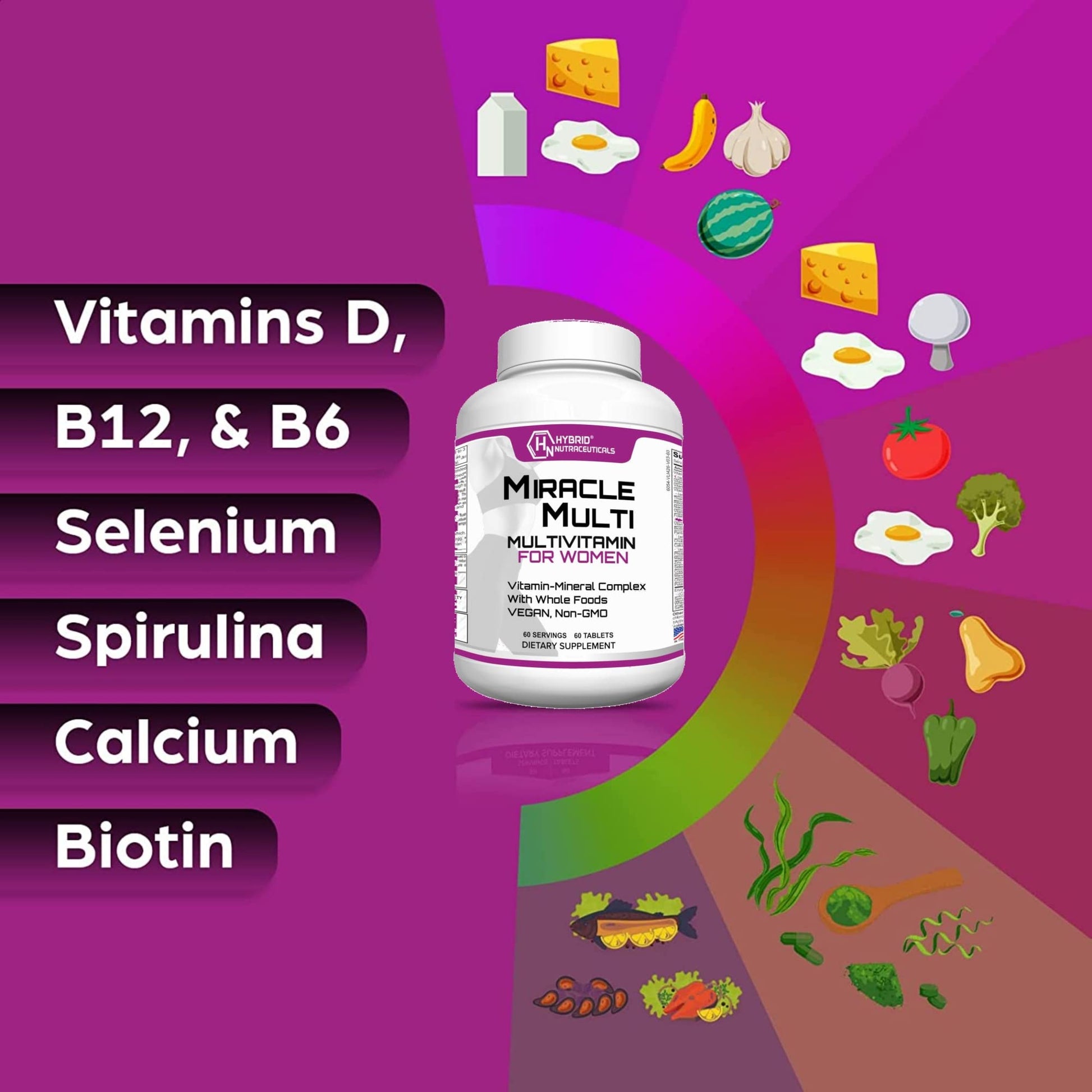 Hybrid Nutraceuticals MiracleMulti Women Multivitamin with Probiotics, Biotin, Folic Acid, Enzymes + Fruit & Vegetable Blend - Immune Support, Heart Health, Energy: 60 Servings (Non-GMO) Hybrid NutraceuticalsBuy Supplements Australia