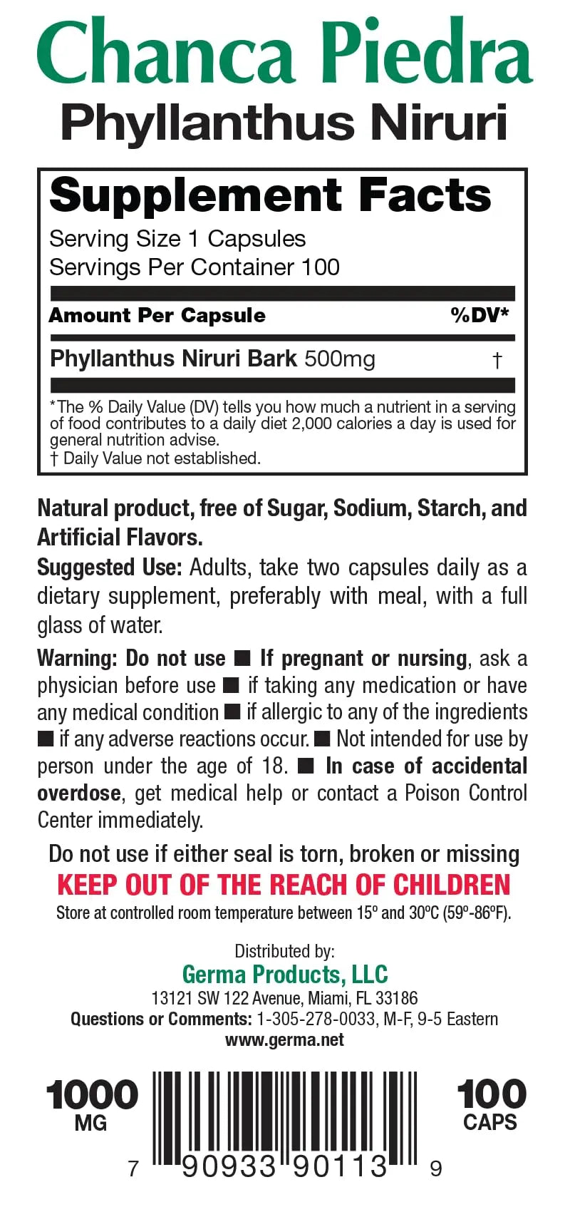 Germa Chanca Piedra Supplement – 500mg Phyllanthus Niruri – Traditional Stone Breaker Herb for Urinary & Kidney Support – Rainforest Botanical – 100% Natural Vegan Capsules, 100 Count GermaBuy Supplements Australia