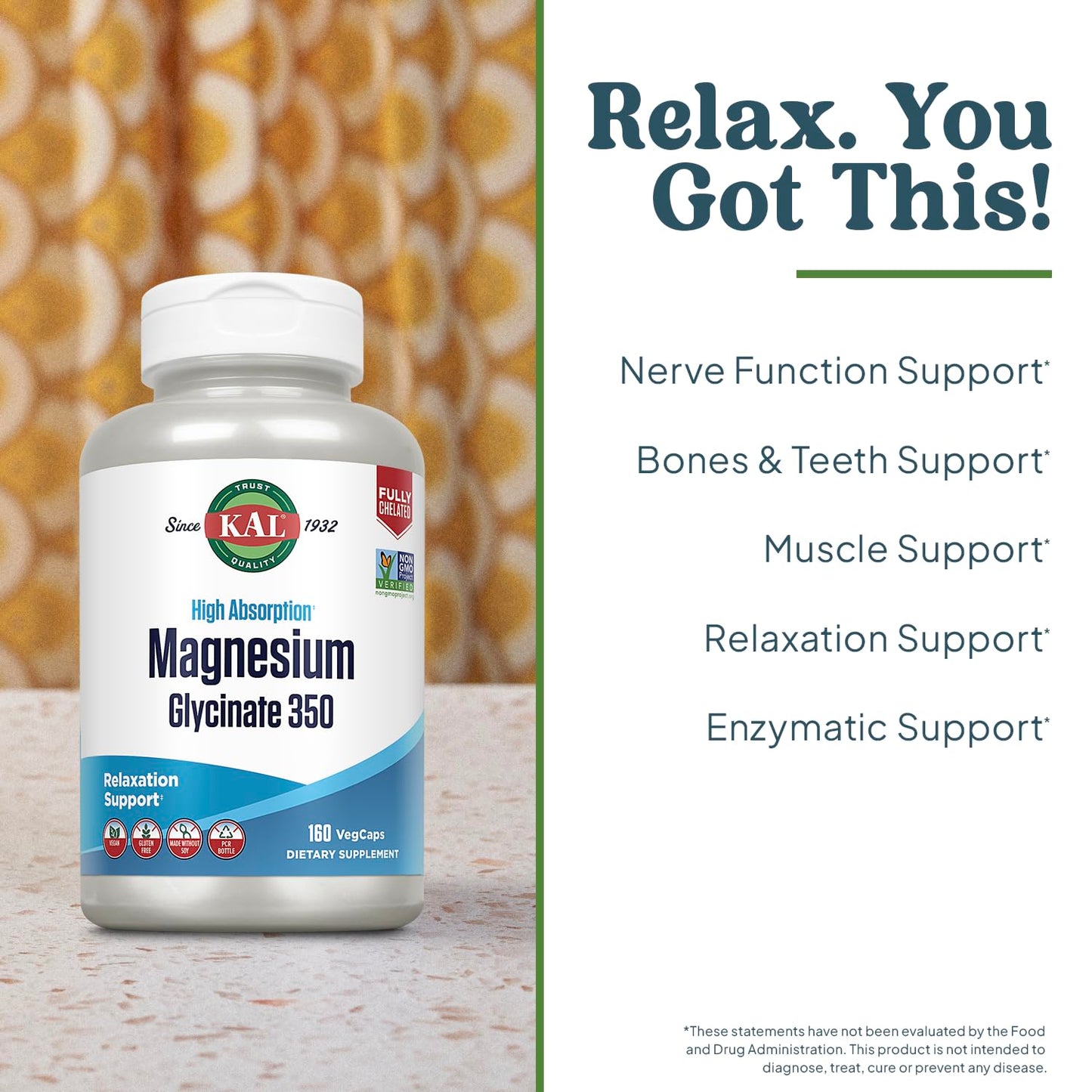 KAL Magnesium Glycinate Capsules, Fully Chelated Magnesium Bisglycinate, High Absorption Magnesium Supplement, Healthy Bones, Muscle,