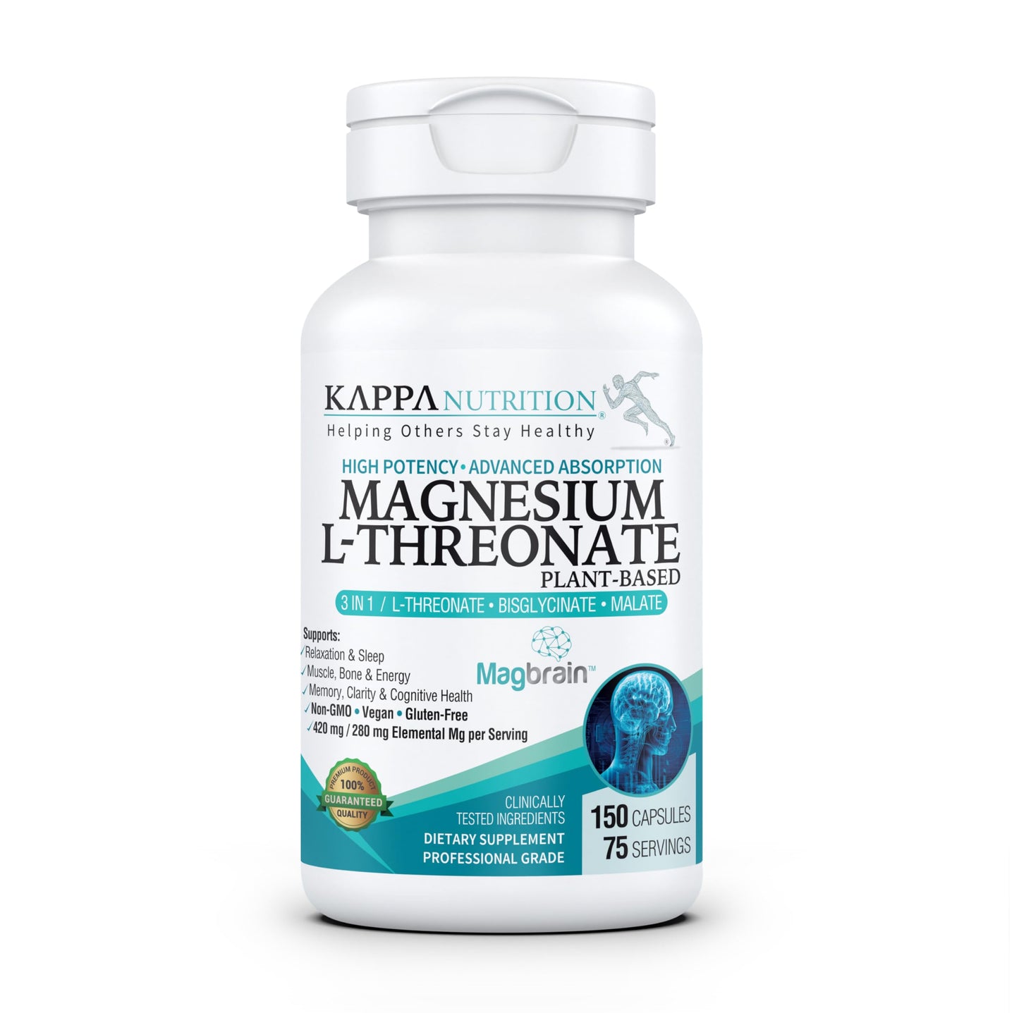 Kappa Nutrition Powered by Magbrain™ Magnesium L-Threonate Plant-Based, 150 Vegan Capsules, 420mg Elemental Magnesium (3 Capsules) from 2,253mg, Brain, Sleep & Muscle Support. KAPPA NUTRITIONBuy Supplements Australia