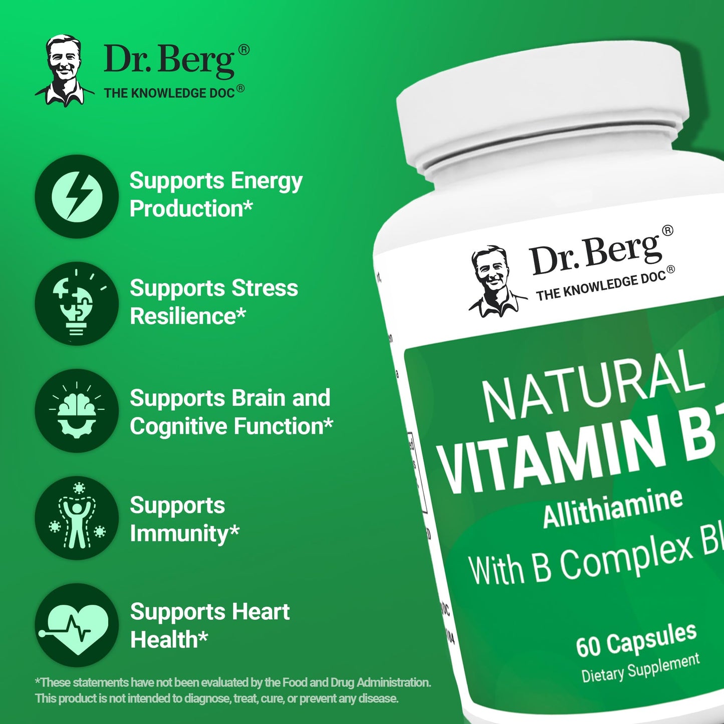 Dr. Berg Natural Vitamin B1 B6 B12 Complex - Allithiamine Vitamin B1 Supplement with 8 Essential Vitamin B Complex for Men & Women Including Thiamin, Niacin, Folate, Magnesium & More - 60 Capsules Dr. Berg NutritionalsBuy Supplements Australia