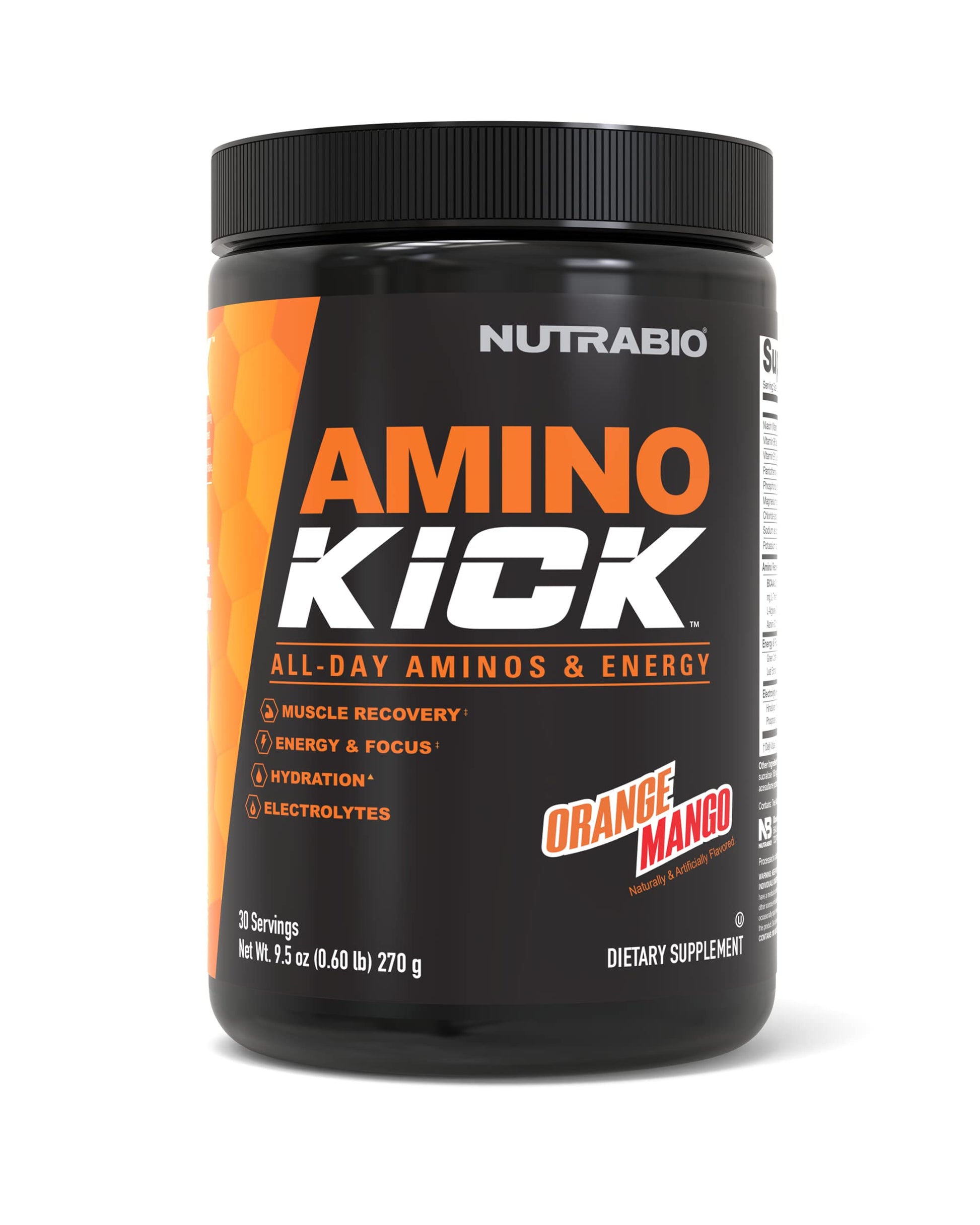NutraBio Amino Kick - BCAA's, Electrolytes for Hydration, Natural Caffeine- 30 Servings