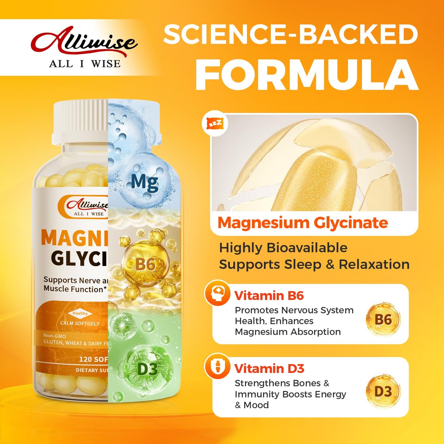 Magnesium Glycinate 400mg Softgels with Vitamin D3 & B6,Small Easy to Swallow Gel Caps,High Absorption, Gentle on Stomach,Supports Sleep,