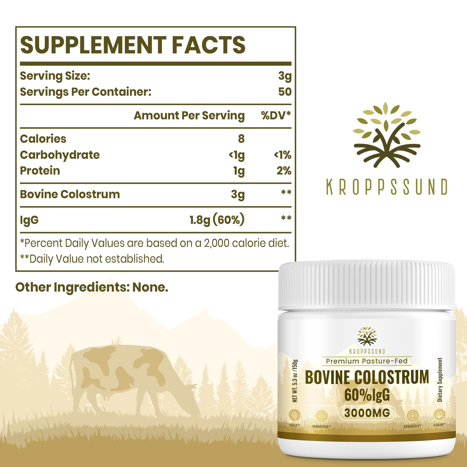 Kroppssund Bovine Colostrum Powder Supplement 3000 mg - Extra High 60% IgG Bovine Colostrum - Gut, Bone, Exercise, Immune - 50 Servings (1 Bottle) KroppssundBuy Supplements Australia
